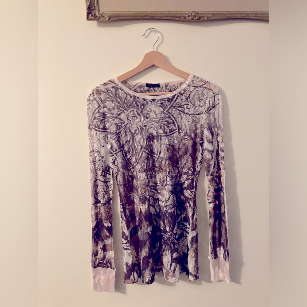 NWTS Current Long Sleeve Brown and White Floral Lace Top Sheer Top Retro 90s